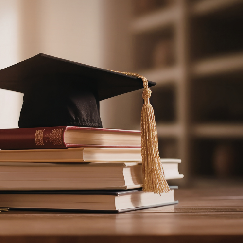 Photo of graduation cap on top of books.