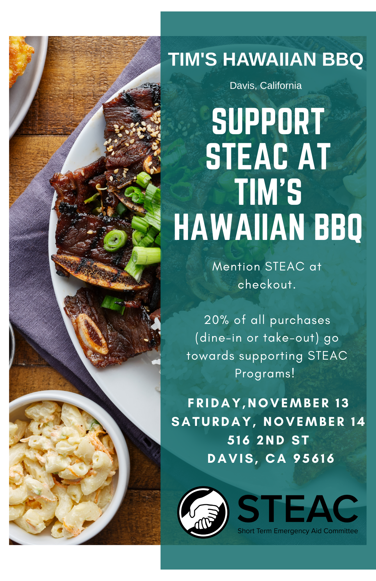 Flyer for STEAC and Tim's Hawaiian BBQ fundraiser
